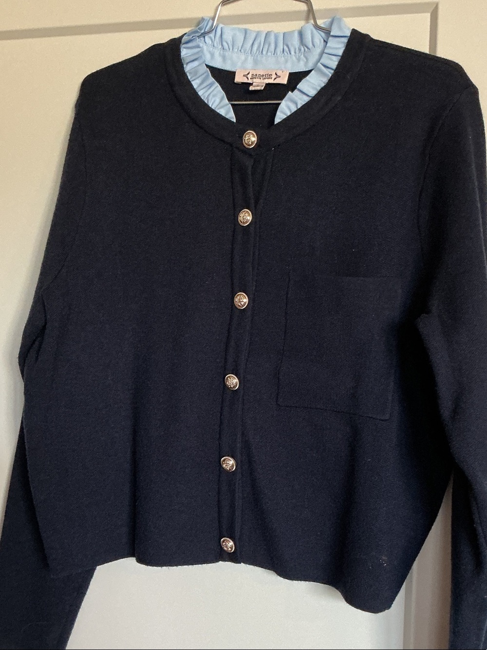 Nanette Lepore Navy Cardigan with Light Blue Ruffle Trim
